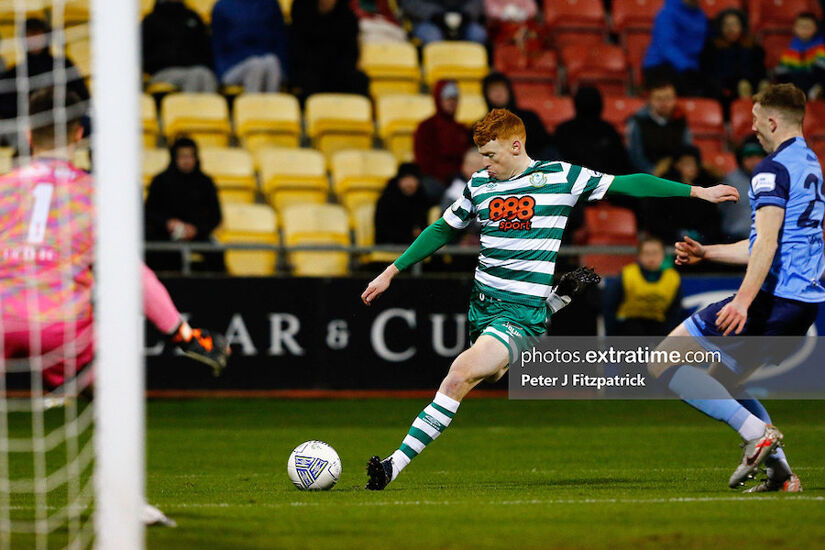 Rory Gaffney shoots on goal during Rovers' 3-0 win over UCD last February