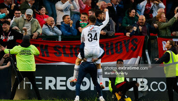 Barlow celebrates in front of Sligo Rovers fans at Dalymount Park on Friday, 12 July 2024.