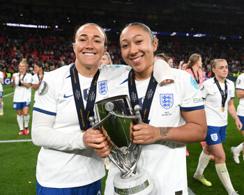Lucy Bronze and Lauren James of England celebrate with the Women’s Finalissima trophy after the team’s victory in the penalty shoot out during the Women´s Finalissima 2023 match between England and Brazil at Wembley Stadium on April 06, 2023.