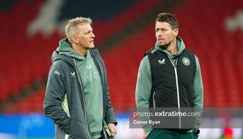 Republic of Ireland Manager Heimir Hallgrimsson with his assistant Paddy McCarthy during a brief walkabout at Wembley the evening before the UEFA Nations League B game between England and the Republic of Ireland in November 2024