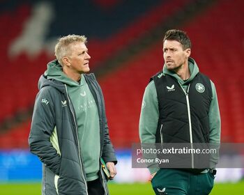 Republic of Ireland Manager Heimir Hallgrimsson with his assistant Paddy McCarthy during a brief walkabout at Wembley the evening before the UEFA Nations League B game between England and the Republic of Ireland in November 2024