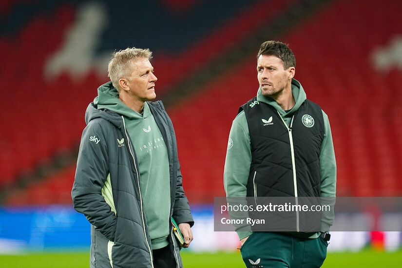 Republic of Ireland Manager Heimir Hallgrimsson with his assistant Paddy McCarthy during a brief walkabout at Wembley the evening before the UEFA Nations League B game between England and the Republic of Ireland in November 2024