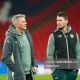 Republic of Ireland Manager Heimir Hallgrimsson with his assistant Paddy McCarthy during a brief walkabout at Wembley the evening before the UEFA Nations League B game between England and the Republic of Ireland in November 2024