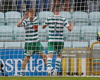 Rory Gaffney celebrating his goal with Dylan Watts