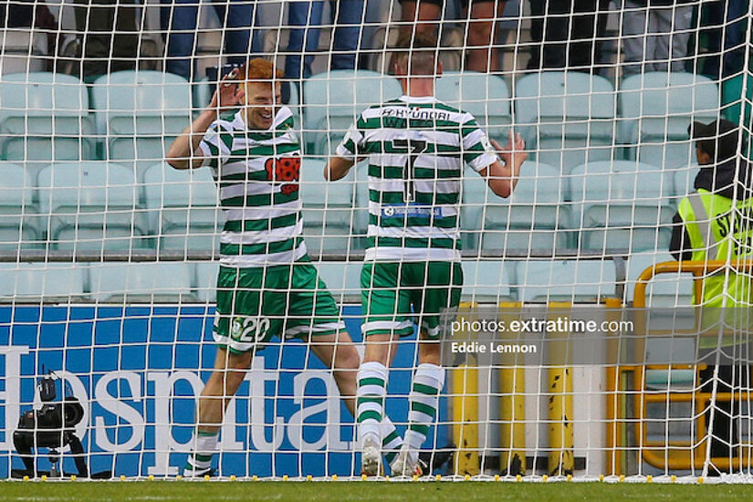 Rory Gaffney celebrating his goal with Dylan Watts