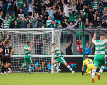 Johnny Kenny scores for Shamrock Rovers in their Champions League qualifier against Vikingur in July 2024