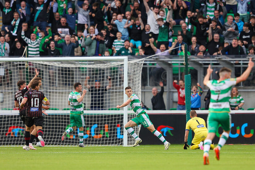 Johnny Kenny scores for Shamrock Rovers in their Champions League qualifier against Vikingur in July 2024