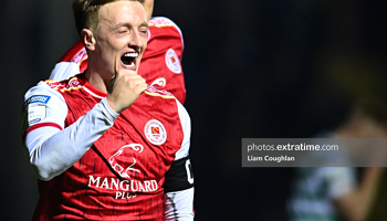Chris Forrester celebrates scoring the winning goal during St Patrick's Athletic's win over Shamrock Rovers on Friday, 4 March 2022.