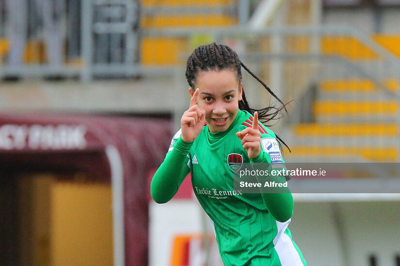 Lauren Egbuloniu celebrates her first-half strike during a thrilling 3-3 draw with Galway on March 27th, 2021.