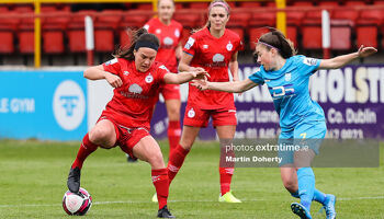Ciara Grant of Shelbourne FC tackled by Rachel Doyle of DLR Waves