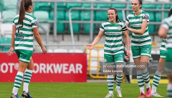 Áine O'Gorman (centre) celebrating her goal against Shelbourne with Jessica Hennessy (right) and Jess Gargan (left)