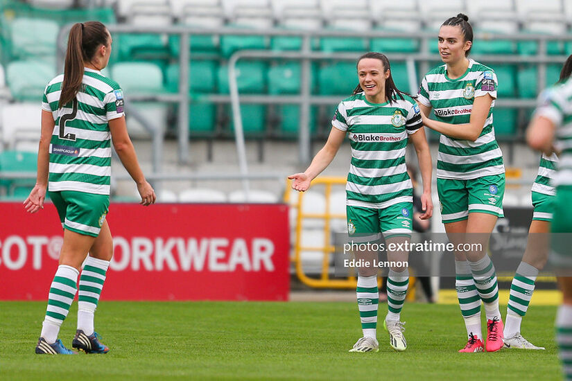 Áine O'Gorman (centre) celebrating her goal against Shelbourne with Jessica Hennessy (right) and Jess Gargan (left)