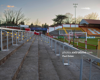 An empty Tolka Park ahead of the Premier Division clash between Shelbourne and Derry City on Friday,  4 March 2022.