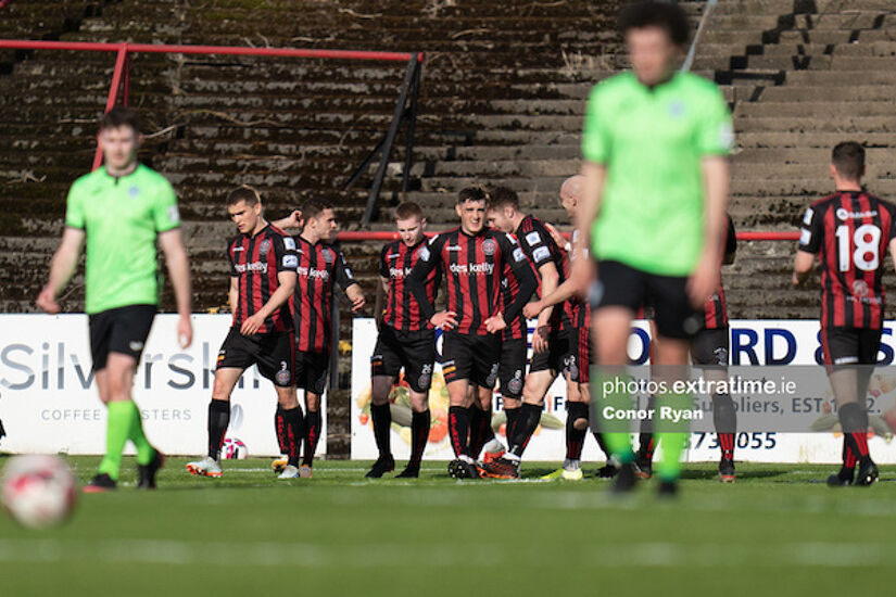 Ali Coote celebrating with his teammates after scoring Bohs' second goal
