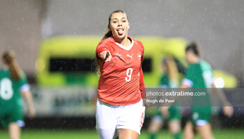 Alayah Pilgrim celebrating her goal after 14 minutes