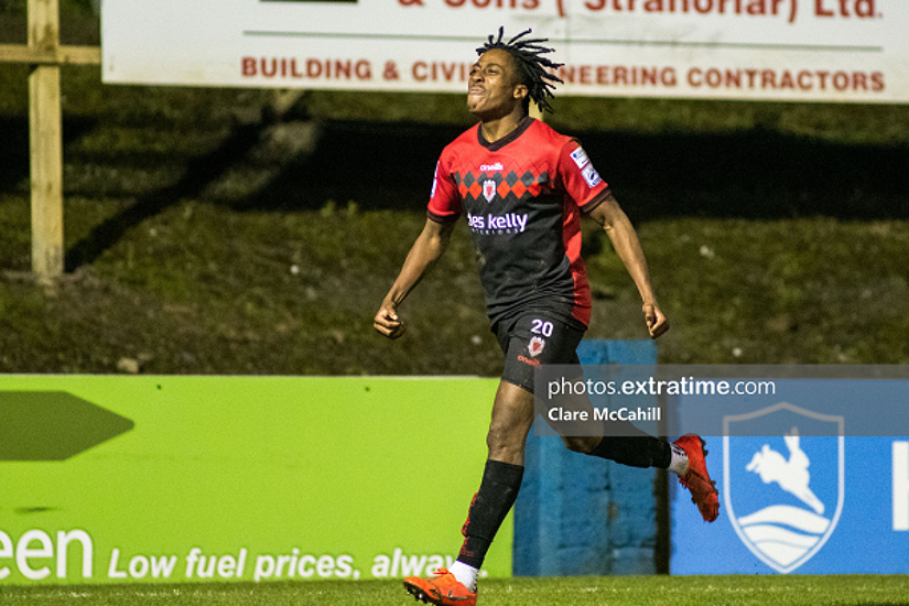 Promise Omochere celebrates scoring Bohs' equaliser during their 1-1 draw with Finn Harps on Friday,  4 March 2022.