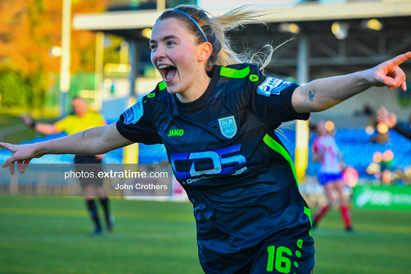 Avril Brierley celebrates scoring for DLR Waves during their 5-0 win over Treaty United on Saturday, 5 March 2022.