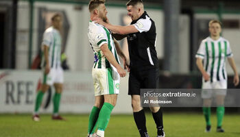 Shane Barnes of Athlone Town and Conor Clifford of Bray Wanderers angry after poor challenge