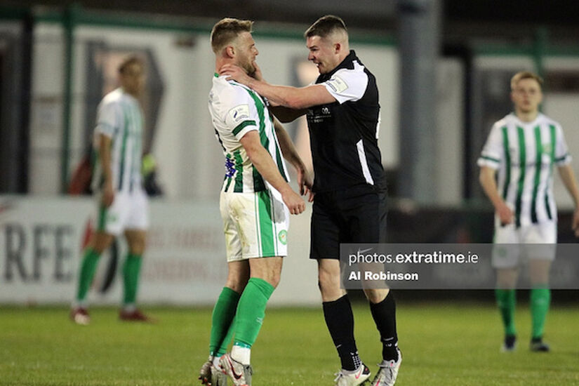 Shane Barnes of Athlone Town and Conor Clifford of Bray Wanderers angry after poor challenge