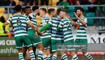 Rovers celebrate Danny Mandroiu's goal against Dundalk