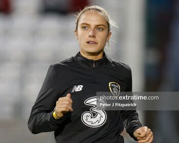 Julie-Ann Russell warms up ahead of Ireland's 3-2 Euro 2022 qualifier win over Ukraine.