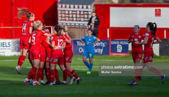 Shelbourne celebrate the only goal of the game against DLR in front of the TG4 cameras