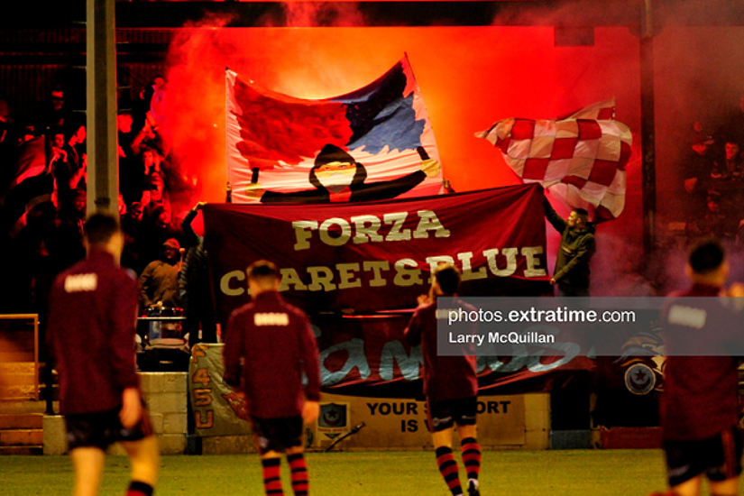 Drogheda United fans ahead of their side's Premier Division meeting with Shelbourne on Friday, 25 February 2022.