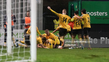 St Patrick’s Athletic players celebrate with goalscorer Conor Carty