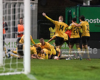 St Patrick’s Athletic players celebrate with goalscorer Conor Carty