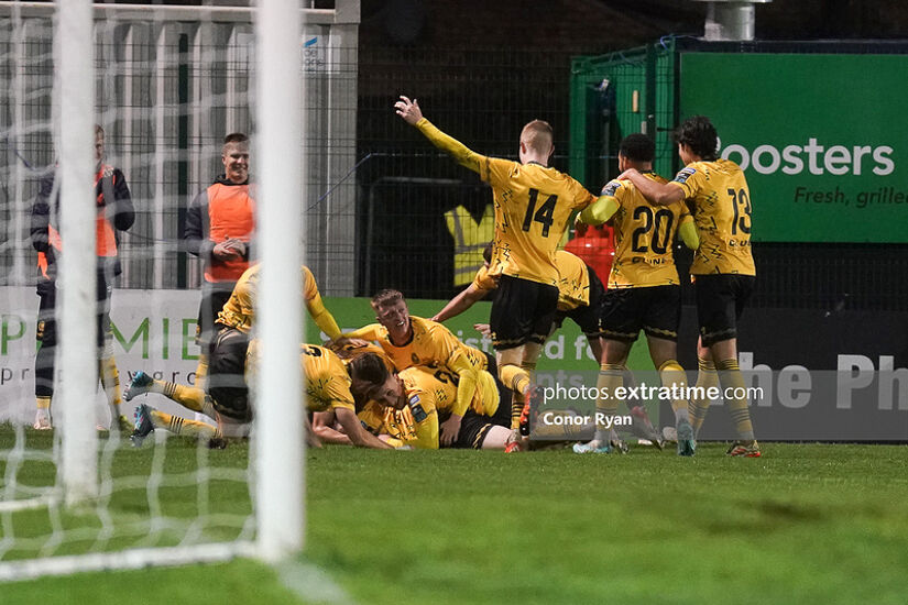 St Patrick’s Athletic players celebrate with goalscorer Conor Carty