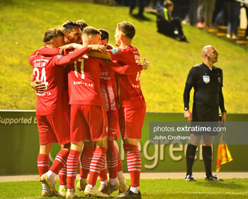 Sligo Rovers celebrate Max Mata's hat-trick as the Bit O'Red beat UCD 3-2 at the UCD Bowl on Friday, 24 February 2022.