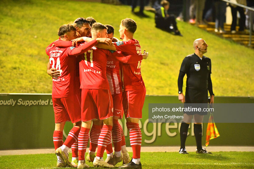 Sligo Rovers celebrate Max Mata's hat-trick as the Bit O'Red beat UCD 3-2 at the UCD Bowl on Friday, 24 February 2022.