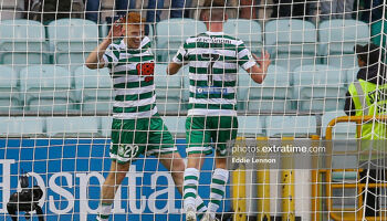 Rory Gaffney celebrating his goal against Hibernians in Tallaght earlier this season. Djurgardens manager described the striker as a red-haired Carsten Jancker