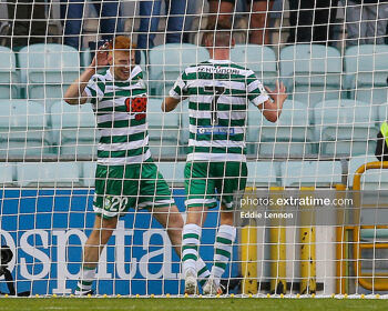 Rory Gaffney celebrating his goal against Hibernians in Tallaght earlier this season. Djurgardens manager described the striker as a red-haired Carsten Jancker