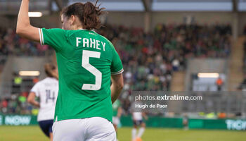 Niamh Fahey gestures during a World Cup warm-up defeat to France in Tallaght.
