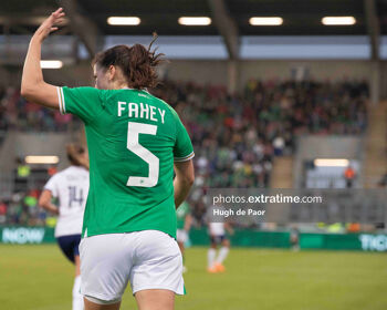 Niamh Fahey gestures during a World Cup warm-up defeat to France in Tallaght.