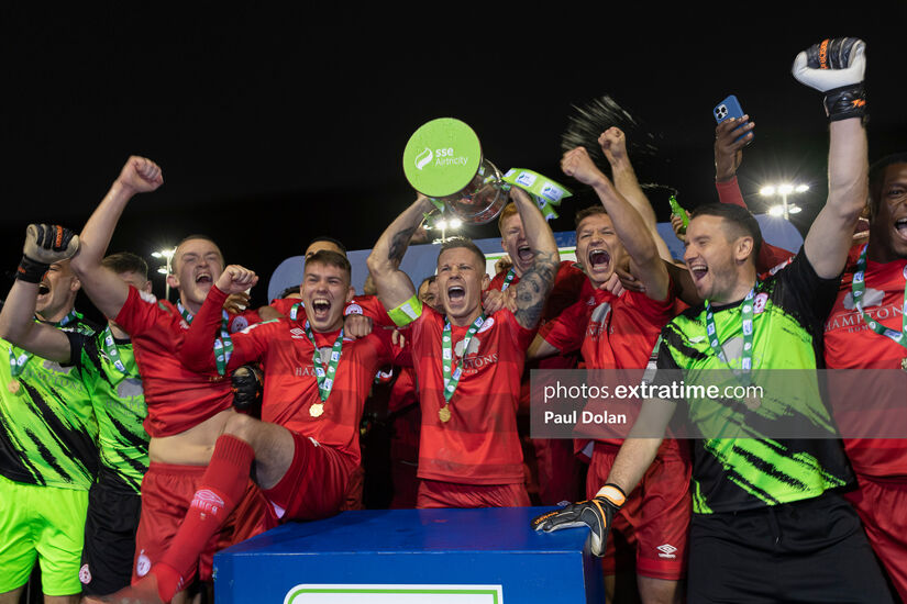 Shels Skipper Luke Byrne lifts the Airtricity League First Division trophy