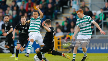 Graham Burke challenges for the ball in the Champions League qualifier first leg against Breidablik