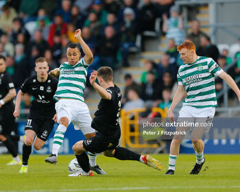 Graham Burke challenges for the ball in the Champions League qualifier first leg against Breidablik