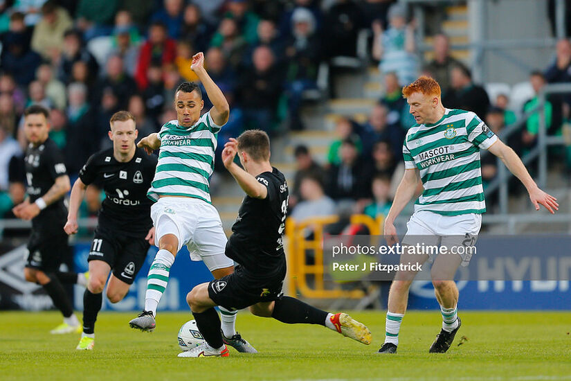 Graham Burke challenges for the ball in the Champions League qualifier first leg against Breidablik