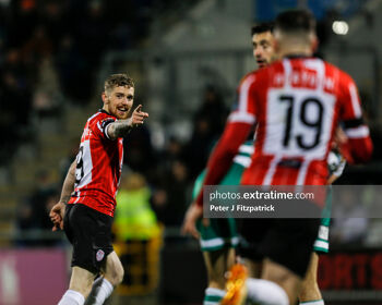 03.03.2023, Tallaght Stadium, Dublin, Leinster, Ireland, SSE Airtricity League Premier Division, Shamrock Rovers v Derry City; Jamie McGonigle of Derry City celebrates scoring