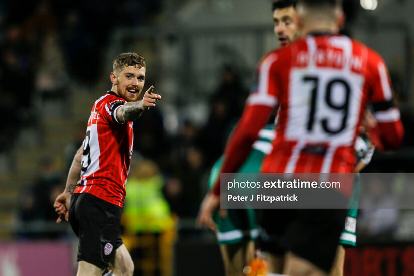 03.03.2023, Tallaght Stadium, Dublin, Leinster, Ireland, SSE Airtricity League Premier Division, Shamrock Rovers v Derry City; Jamie McGonigle of Derry City celebrates scoring