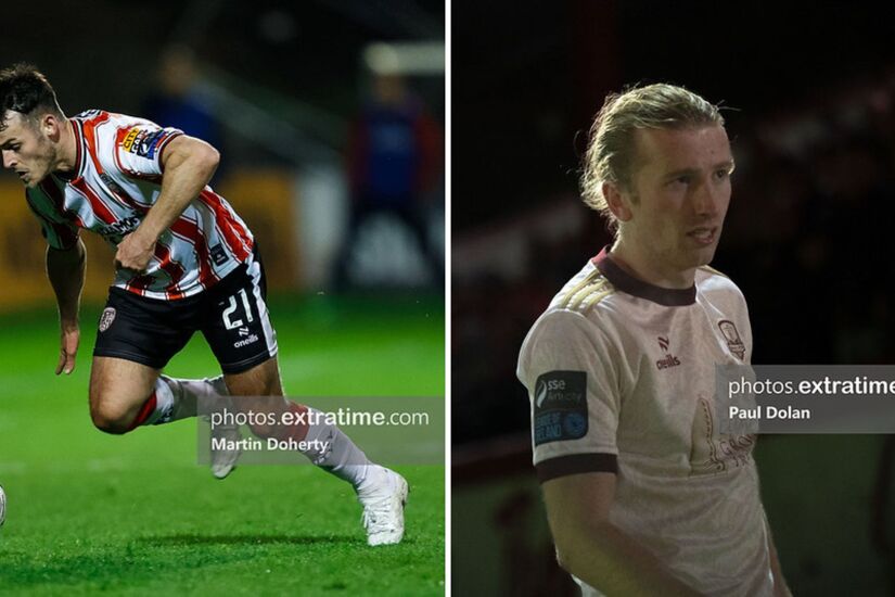 Danny Mullen (left) scored twice for Derry City against St Pat's while David Hurley featured for Galway United against Sligo Rovers
