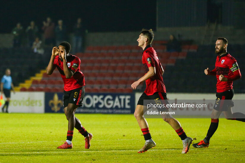 Jordan Adeyemo celebrates scoring for Longford Town