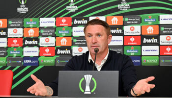Robbie Keane, Head Coach of Maccabi Tel Aviv, speaks to the media in the post match press conference after the UEFA Europa Conference League 2023/24 round of 16 first leg match against Olympiacos FC at Karaiskakis Stadium in Piraeus, Greece