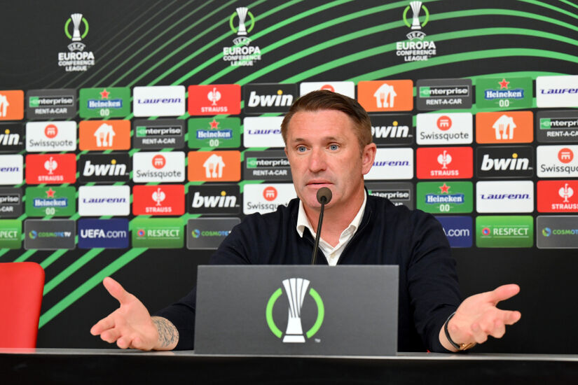 Robbie Keane, Head Coach of Maccabi Tel Aviv, speaks to the media in the post match press conference after the UEFA Europa Conference League 2023/24 round of 16 first leg match against Olympiacos FC at Karaiskakis Stadium in Piraeus, Greece