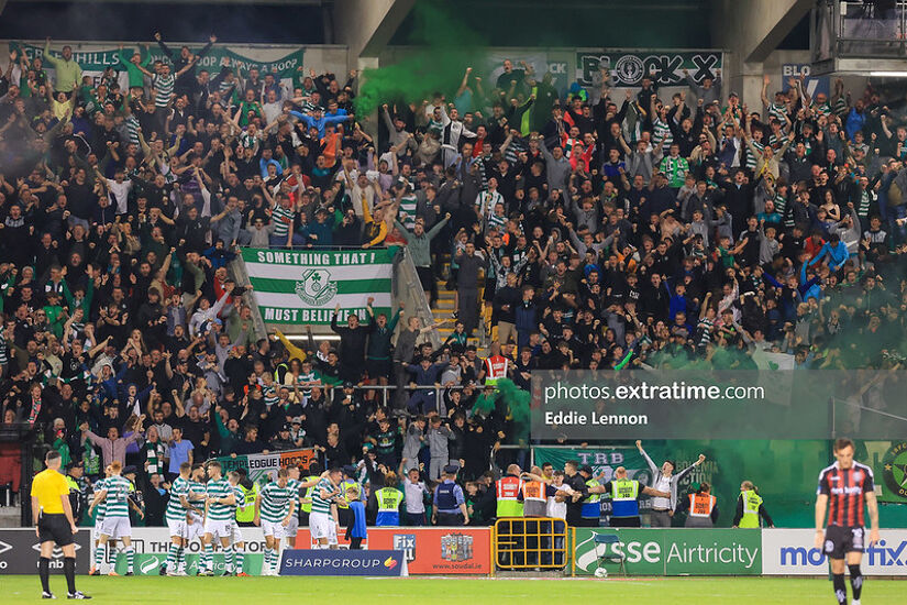 Shamrock Rovers celebrate a goal in their 3-0 win over Bohs last September