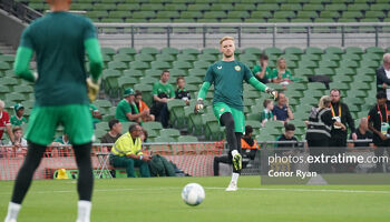 Caoimhín Kelleher warming up with Gavin Bazunu against the Netherland last month