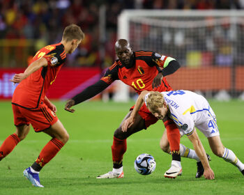 Romelu Lukaku of Belgium battles for possession with Filip Helander of Sweden during the UEFA EURO 2024 European qualifier match between Belgium and Sweden which was abandoned