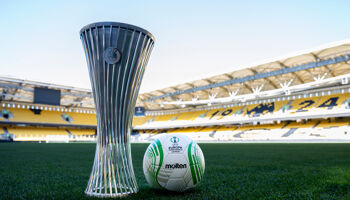 A general view of the UEFA Europa Conference League Trophy ahead of the of the UEFA Europa Conference League 2023/24 final match between Olympiacos FC and ACF Fiorentina at AEK Arena on May 27, 2024 in Athens, Greece.